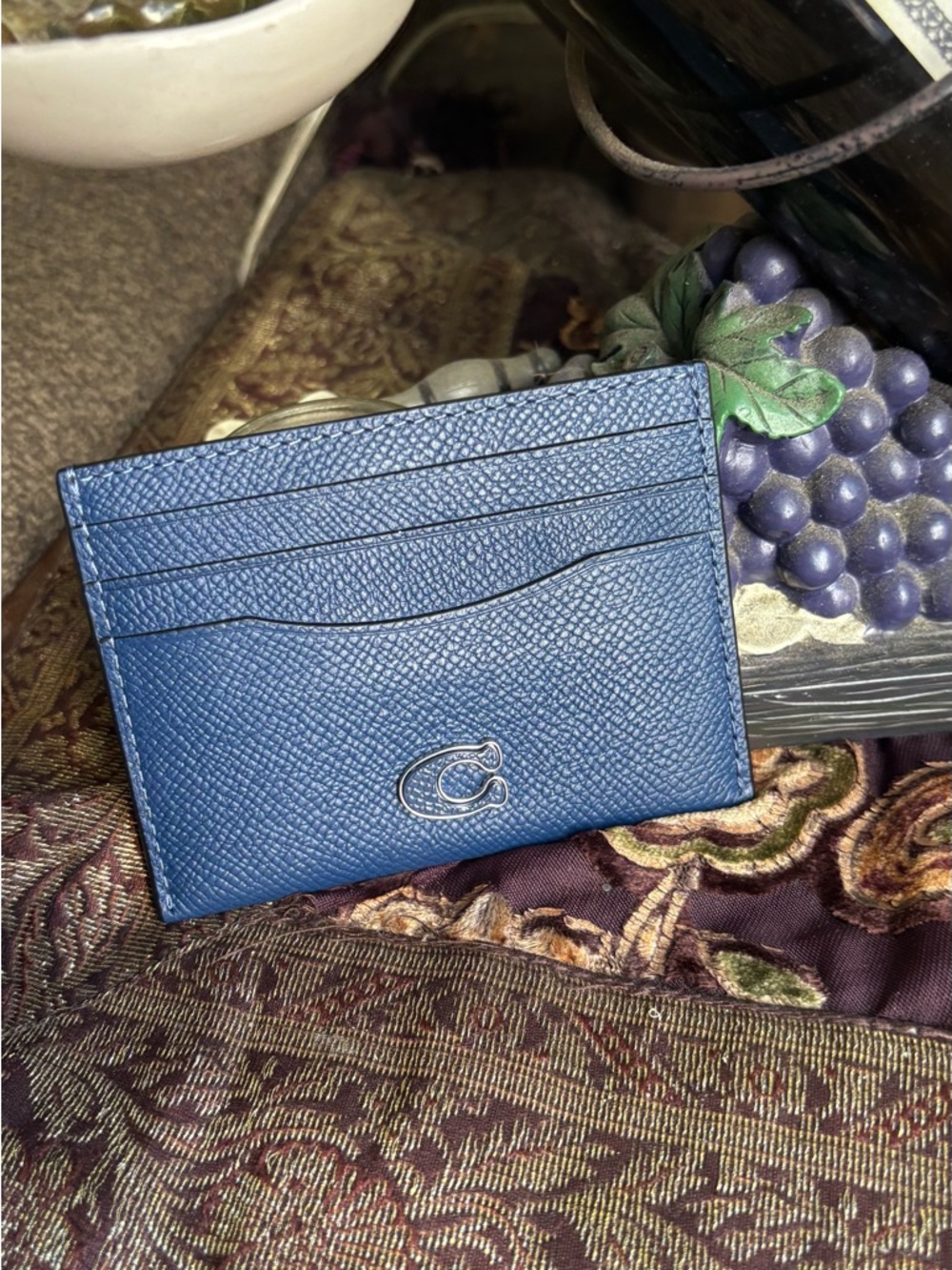 Authentic Coach 1941 Blue Pebbled Leather Card Holder with Signature C Accent